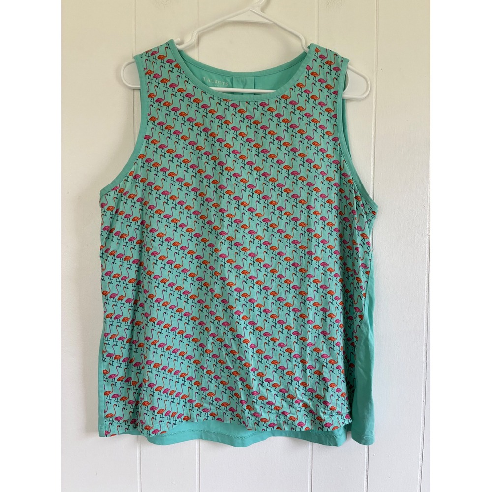 Talbots Womens Flamingo Print Sleeveless Cotton Knit Tank Top Mint Green‎ Large